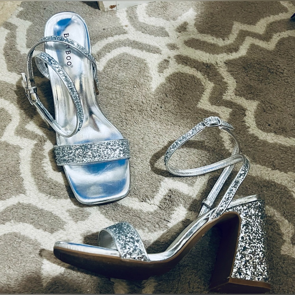 Worn once! Sparkly Glitter 4.5” Chunky Heel. Strap around ankle clasp. Size 10.